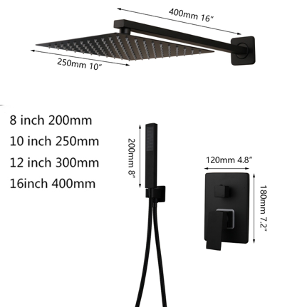 VoordeelPaleis® Doucheset Costa Rica 16 inch regendouche vierkant 2-weg zwart inbouw