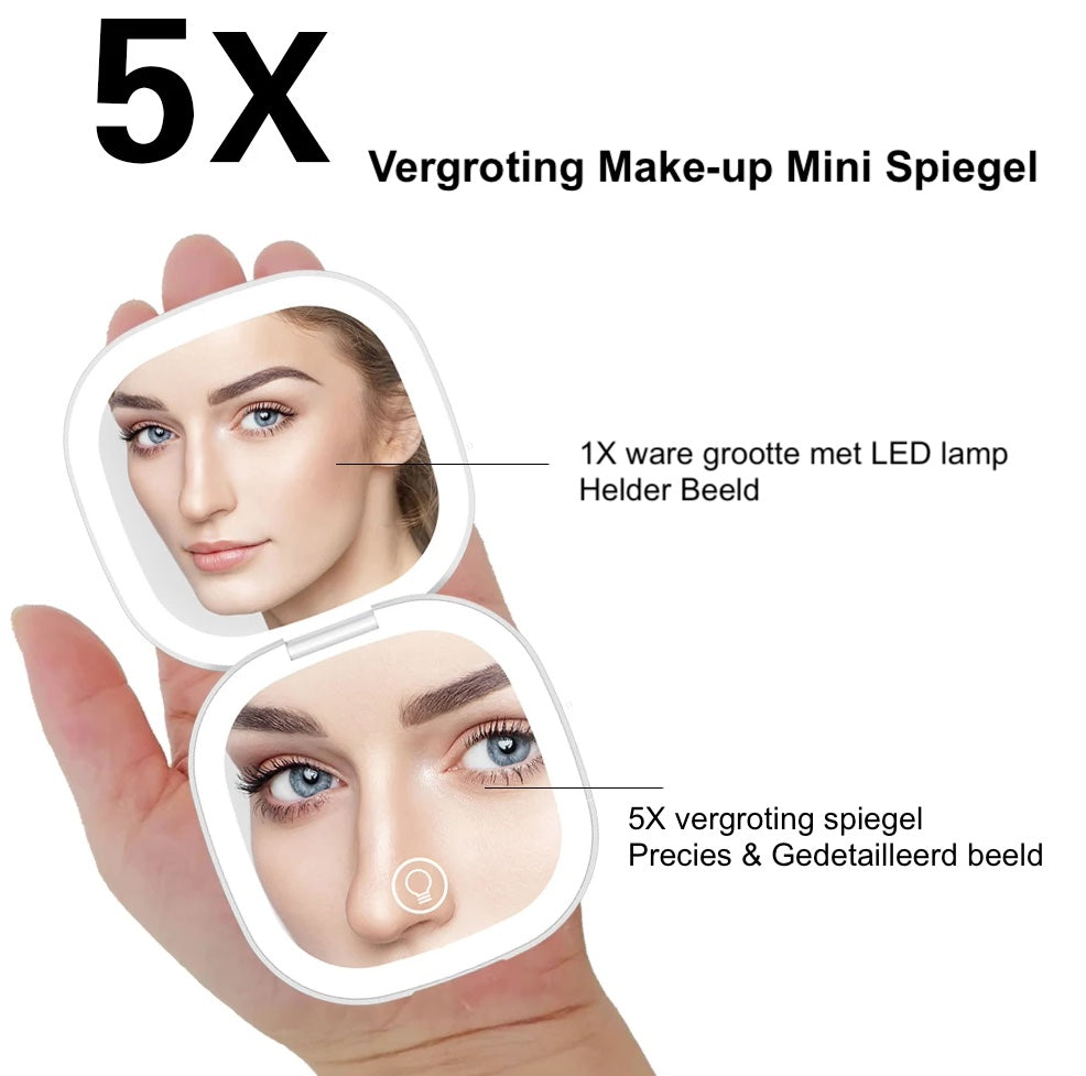 Mini Make-up spiegel VoordeelPaleis® HighLine met LED Verlichting USB 5x Vergroting Wit