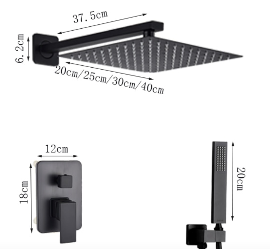 VoordeelPaleis® Doucheset Santiago 20 cm regendouche vierkant 2-weg zwart inbouw
