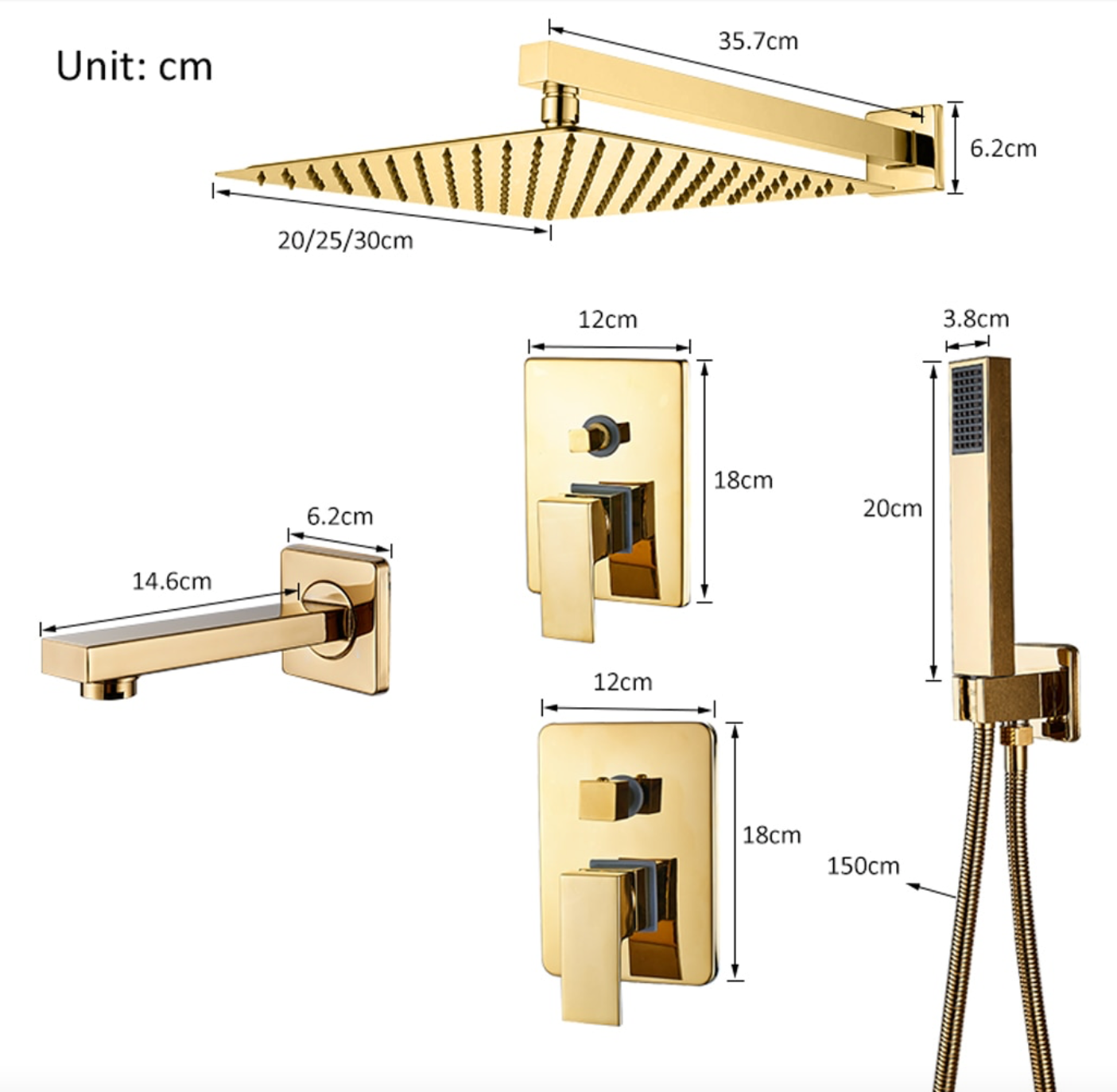 SaniSupreme Doucheset Costa Rica 12 inch regendouche vierkant 2-weg goud glans inbouw