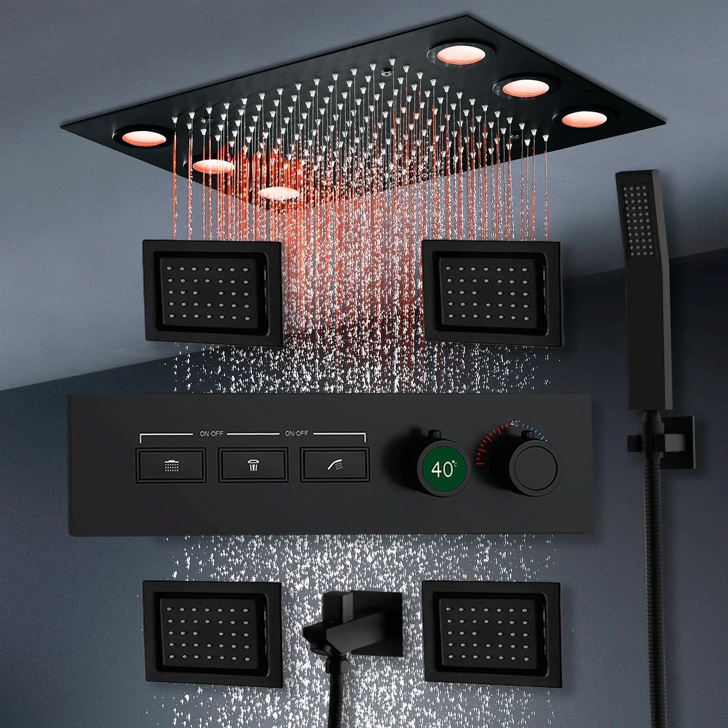VoordeelPaleis® AquaTherme Plafond Thermostatische Doucheset Venetie 3 weg Inbouw Plafond LED regendouche Mat Zwart