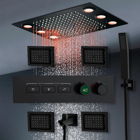 VoordeelPaleis® AquaTherme Plafond Thermostatische Doucheset Venetie 3 weg Inbouw Plafond LED regendouche Mat Zwart