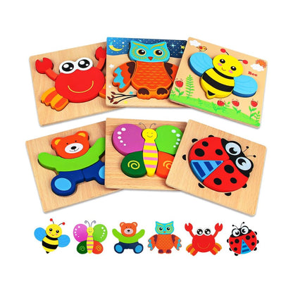 Houten Puzzels – Set van 6 Dieren, Montessori Ontwikkeling – Educatief Speelgoed voor Peuters