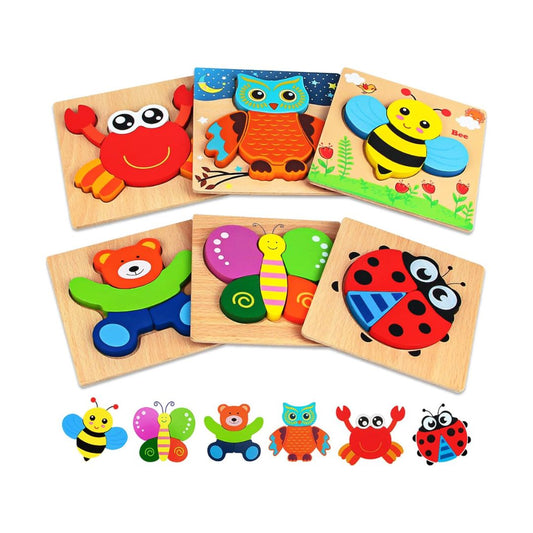 Houten Puzzels – Set van 6 Dieren, Montessori Ontwikkeling – Educatief Speelgoed voor Peuters