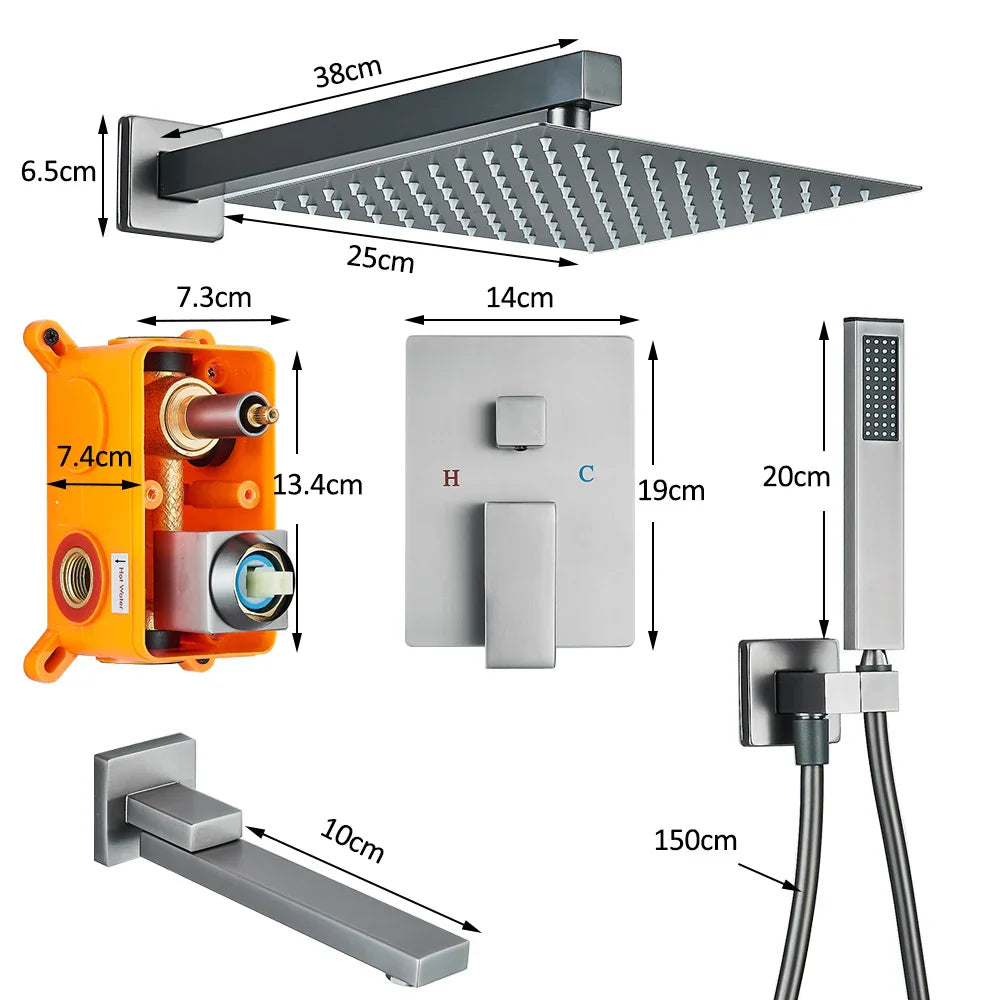 VoordeelPaleis® Doucheset Manhattan 10 inch regendouche vierkant 3-weg Gun Metal inbouw