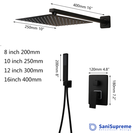VoordeelPaleis® Doucheset Premium 40 cm. regendouche vierkant 2-weg zwart inbouw