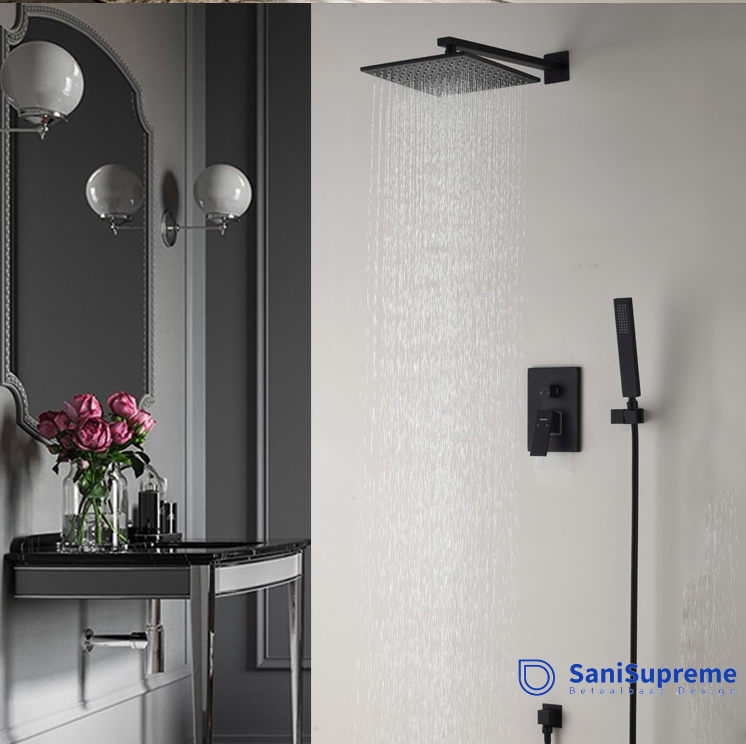 SaniSupreme Doucheset Bolivia Premium 20 cm. regendouche vierkant 2-weg zwart inbouw
