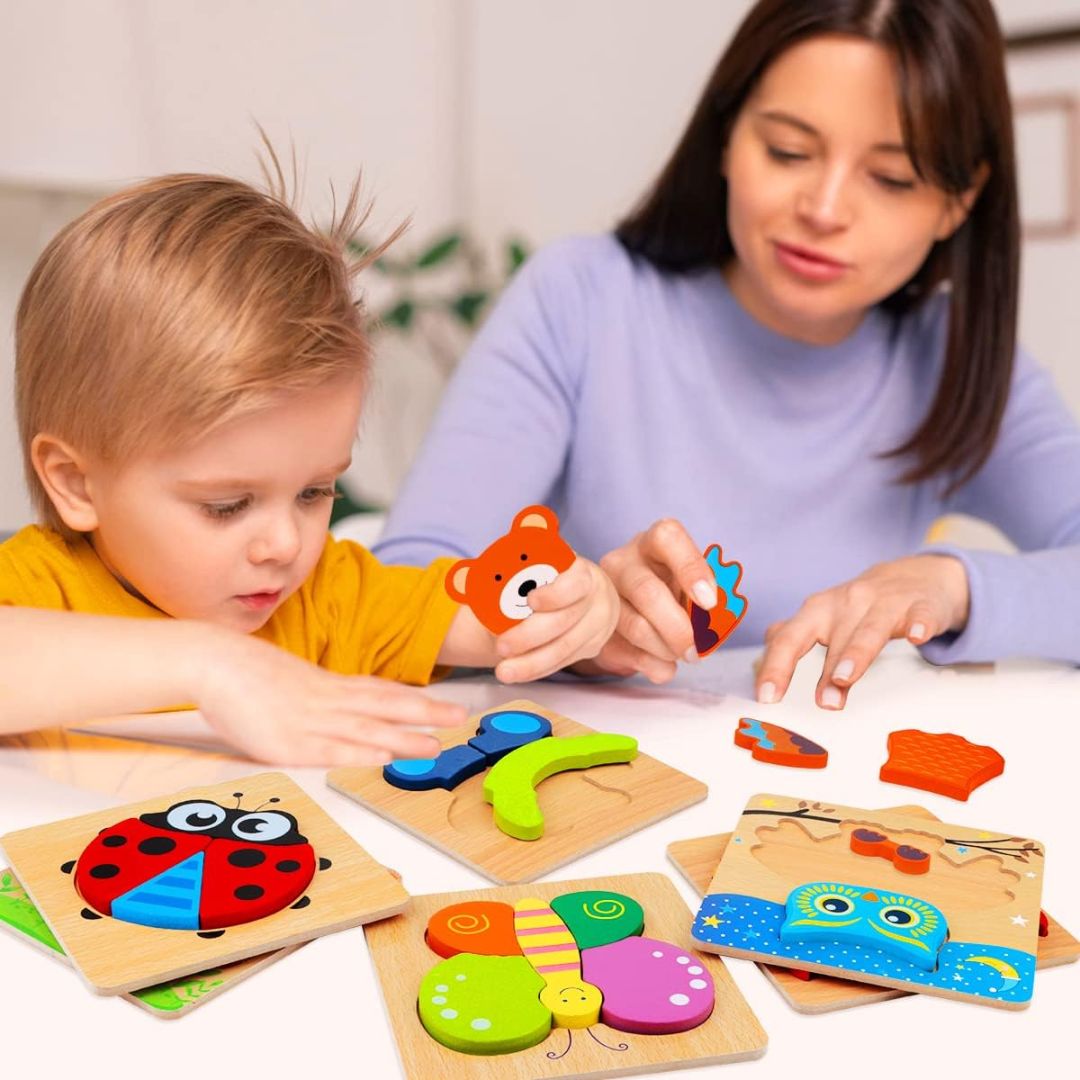 Houten Puzzels – Set van 6 Dieren, Montessori Ontwikkeling – Educatief Speelgoed voor Peuters