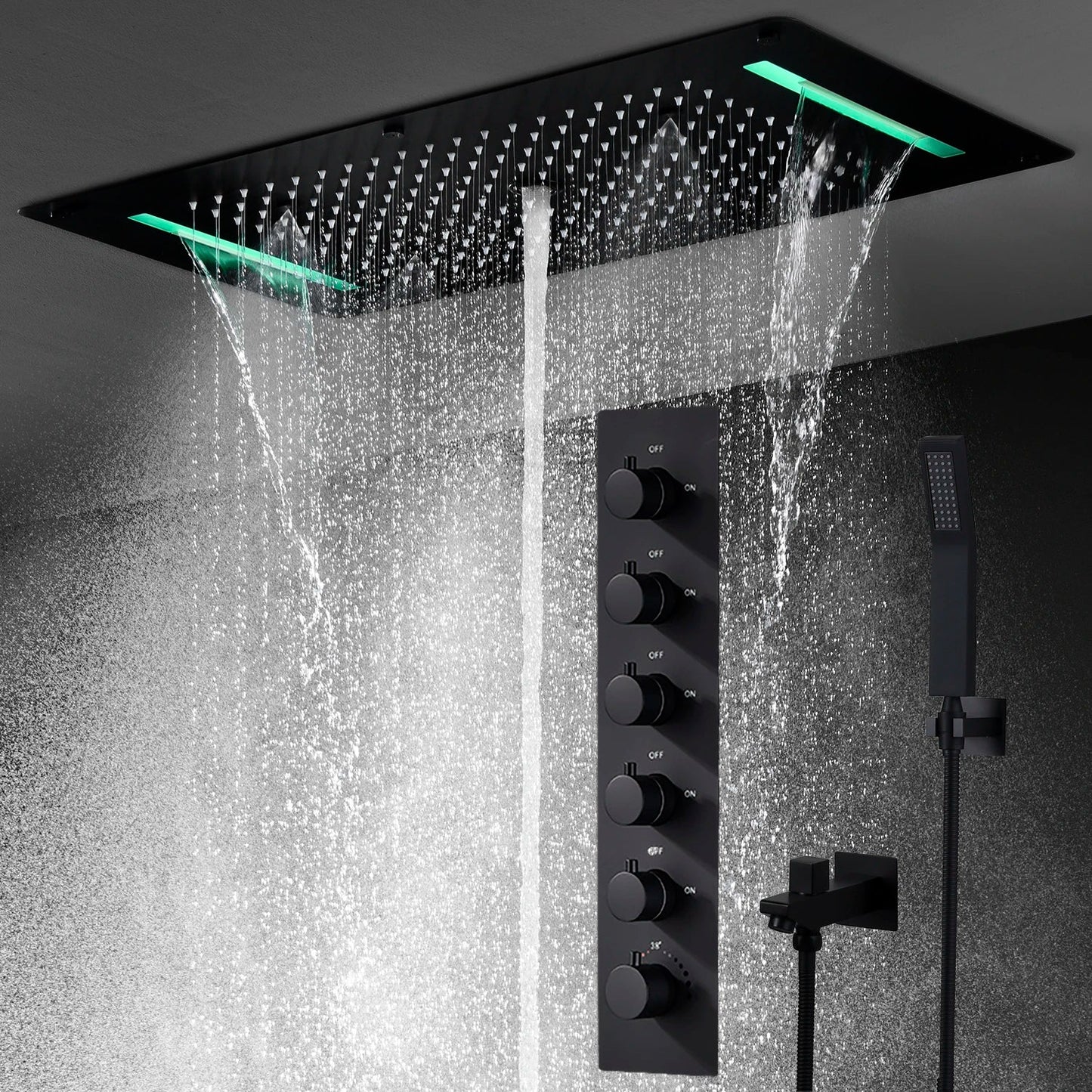 SaniSupreme® AquaTherme Plafond Thermostatische Doucheset Napels 6 weg Inbouw Plafond LED regendouche Mat Zwart