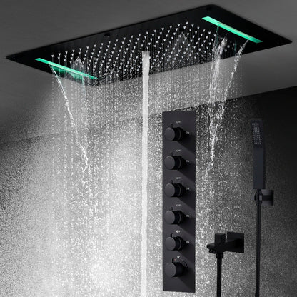 SaniSupreme® AquaTherme Plafond Thermostatische Doucheset Napels 6 weg Inbouw Plafond LED regendouche Mat Zwart