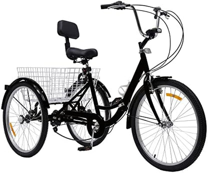 Volwassen Driewieler – 24 Inch | 3 Wielen Fiets met Versnellingen & Grote Mand | Verstelbaar & Comfortabel | Tot 120 kg Draagvermogen
