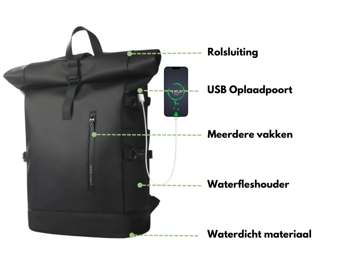 Rolltop Rugzak - Waterbestendig & Ruim - Met USB Oplaadpoort voor Outdoor
