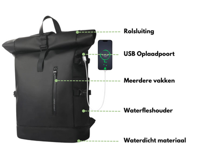 Rolltop Rugzak - Waterbestendig & Ruim - Met USB Oplaadpoort voor Outdoor