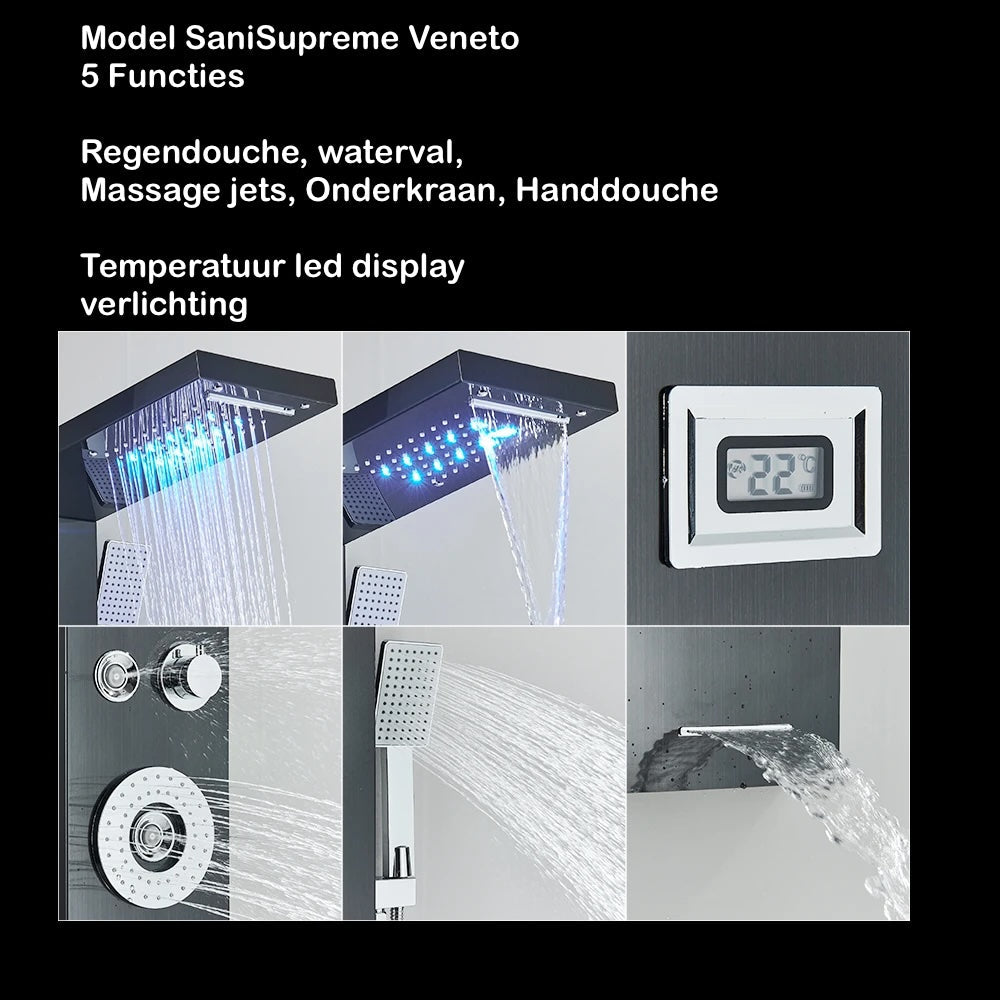Douchepaneel Regendouche VoordeelPaleis® Venetia zwart met LED verlichting en Display