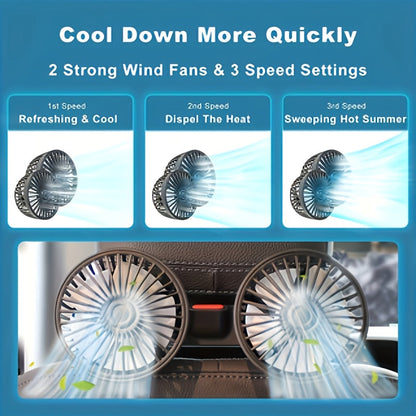 KoelFlex dubbele autoventilator – 360° verstelbaar, stil & USB-aangedreven
