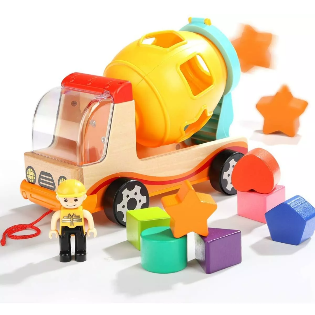 Houten Cementwagen – Educatief Speelgoed met Vormensorteerder, Duurzaam Hout, CE-gecertificeerd