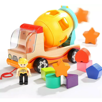 Houten Cementwagen – Educatief Speelgoed met Vormensorteerder, Duurzaam Hout, CE-gecertificeerd