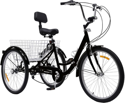 Volwassen Driewieler – 24 Inch | 3 Wielen Fiets met Versnellingen & Grote Mand | Verstelbaar & Comfortabel | Tot 120 kg Draagvermogen