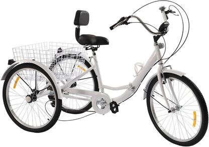 Volwassen Driewieler – 24 Inch | 3 Wielen Fiets met Versnellingen & Grote Mand | Verstelbaar & Comfortabel | Tot 120 kg Draagvermogen