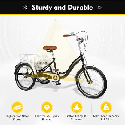 Volwassen Driewieler – 20 Inch | 3 Wielen Fiets met Mand | Verstelbaar & Stevig Koolstofstaal | Tot 110 kg – Ideaal voor Volwassenen