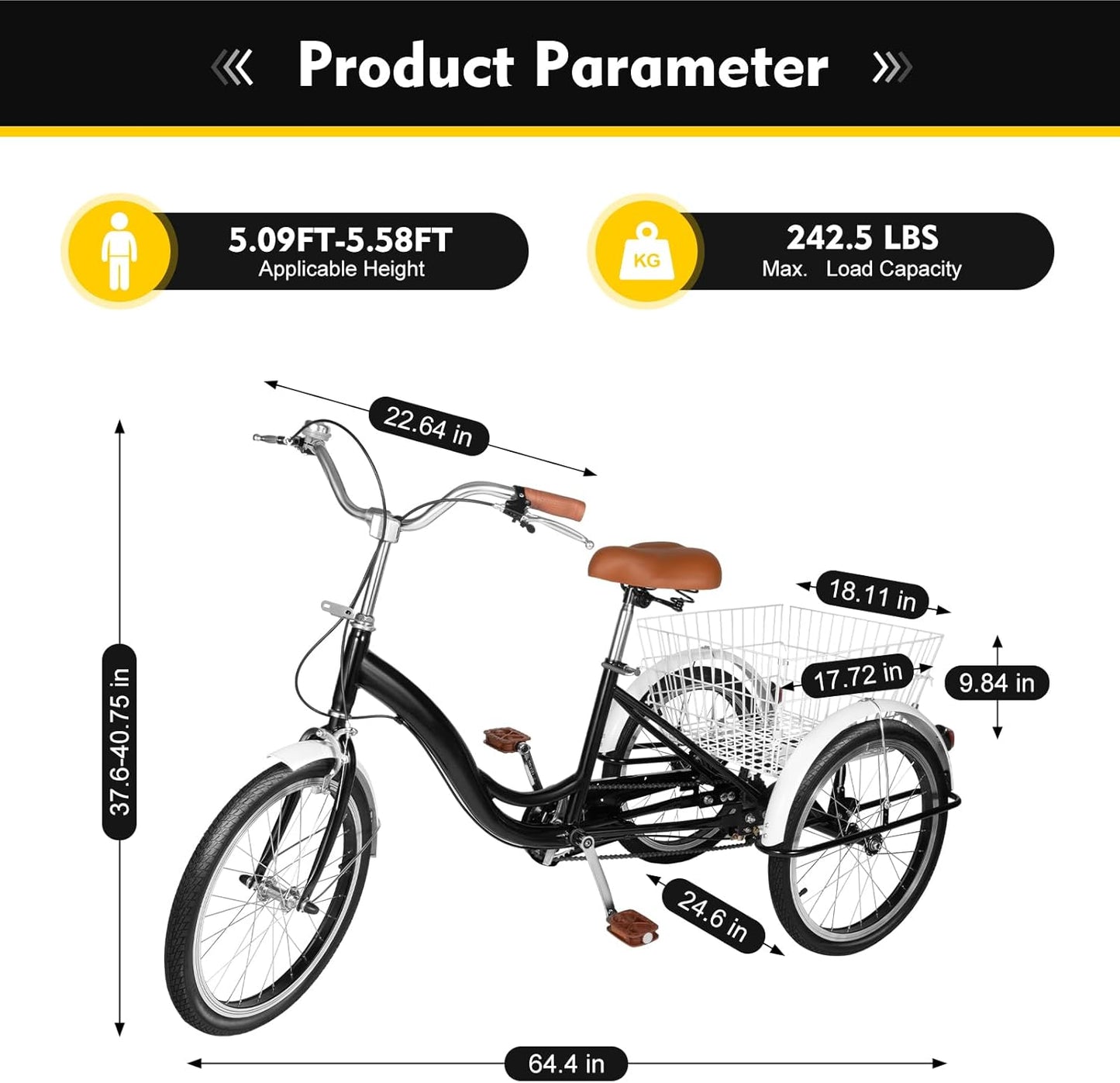 Volwassen Driewieler – 20 Inch | 3 Wielen Fiets met Mand | Verstelbaar & Stevig Koolstofstaal | Tot 110 kg – Ideaal voor Volwassenen