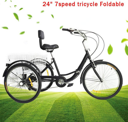 Opvouwbare 24 Inch Driewieler – 7 Versnellingen | Grote Mand & Aluminium Stuur | Comfortabel & Ruimtebesparend | Tot 120 kg