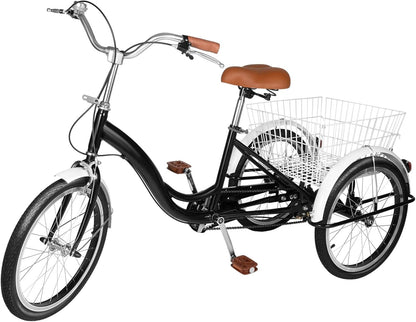 Volwassen Driewieler – 20 Inch | 3 Wielen Fiets met Mand | Verstelbaar & Stevig Koolstofstaal | Tot 110 kg – Ideaal voor Volwassenen