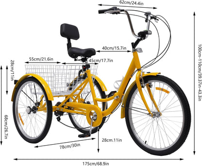 Volwassen Driewieler – 24 Inch | 3 Wielen Fiets met Versnellingen & Grote Mand | Verstelbaar & Comfortabel | Tot 120 kg Draagvermogen