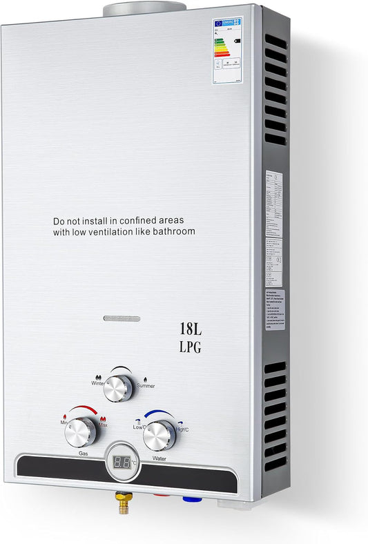 VoordeelPaleis LPG Geiser 8 tot 18L – Tankloze Gasboiler met LED Display | Instant Warm Water | CE-gekeurde Doorstroom Verwarmer voor Propaan & Butaan