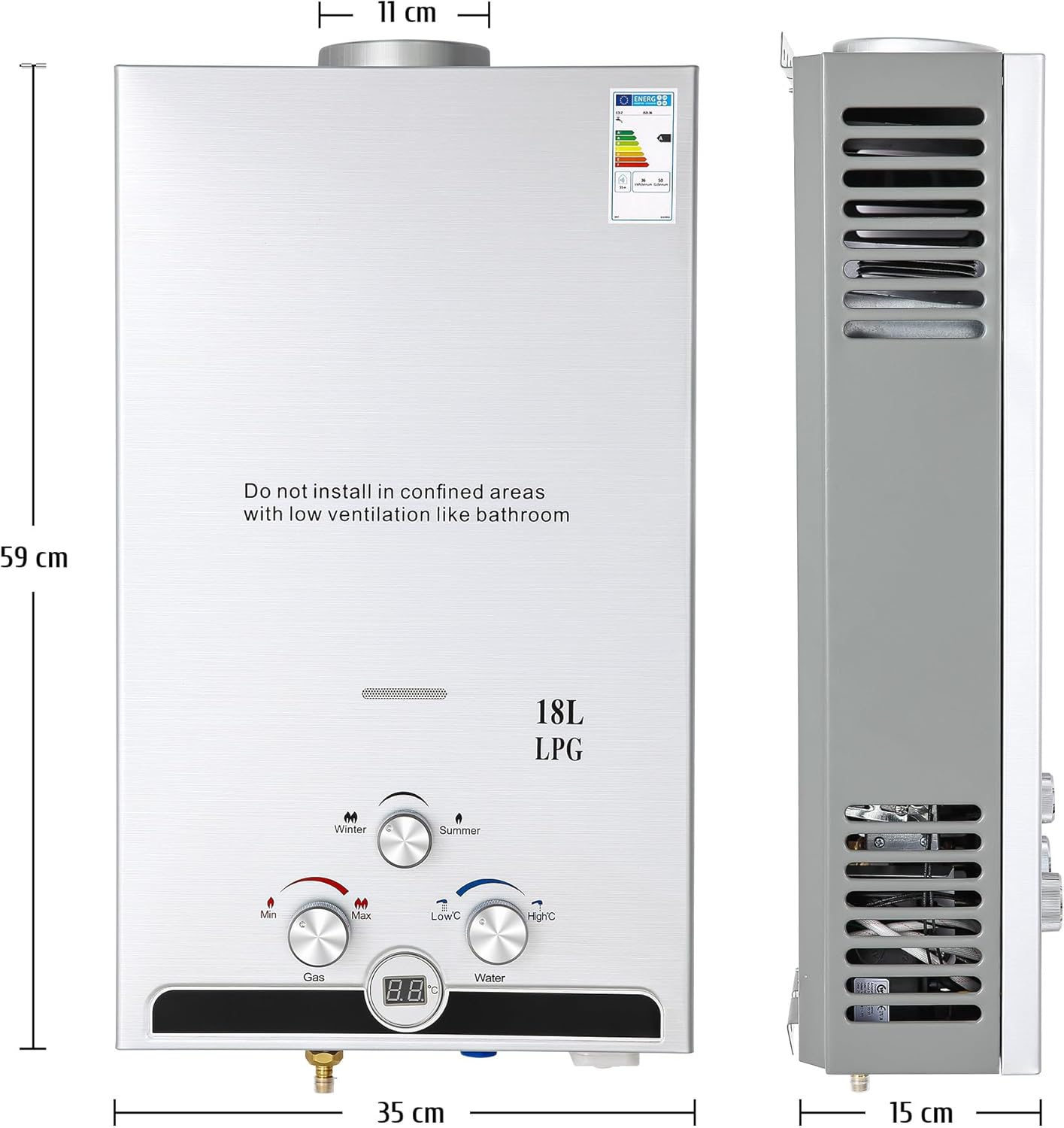VoordeelPaleis LPG Geiser 8 tot 18L – Tankloze Gasboiler met LED Display | Instant Warm Water | CE-gekeurde Doorstroom Verwarmer voor Propaan & Butaan