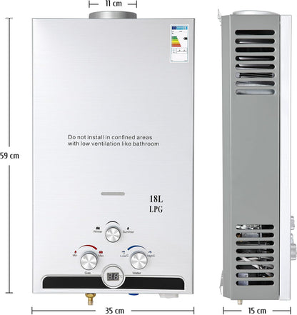 VoordeelPaleis LPG Geiser 8 tot 18L – Tankloze Gasboiler met LED Display | Instant Warm Water | CE-gekeurde Doorstroom Verwarmer voor Propaan & Butaan
