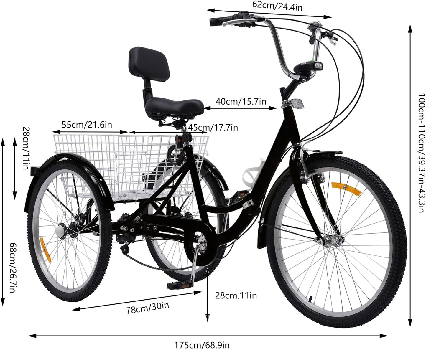 Volwassen Driewieler – 24 Inch | 3 Wielen Fiets met Versnellingen & Grote Mand | Verstelbaar & Comfortabel | Tot 120 kg Draagvermogen