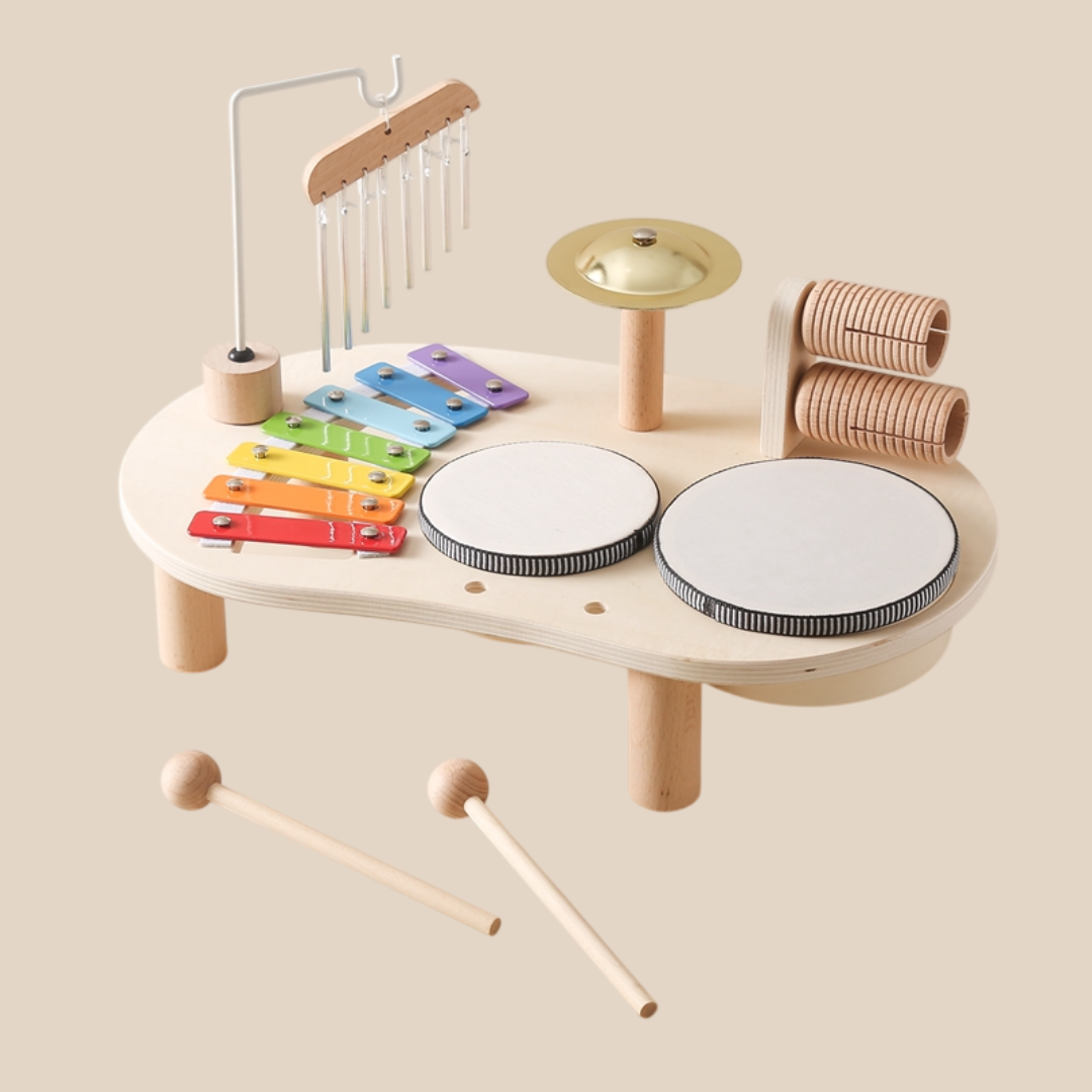 Houten Muziektafel – Educatief Muziekinstrument met Xylofoon, Trommels en Bekkens – Voor Kinderen vanaf 1 Jaar