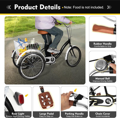 Volwassen Driewieler – 20 Inch | 3 Wielen Fiets met Mand | Verstelbaar & Stevig Koolstofstaal | Tot 110 kg – Ideaal voor Volwassenen