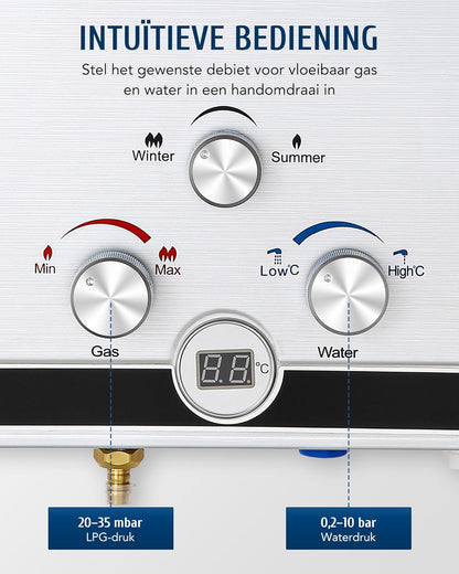 VoordeelPaleis LPG Geiser 8 tot 18L – Tankloze Gasboiler met LED Display | Instant Warm Water | CE-gekeurde Doorstroom Verwarmer voor Propaan & Butaan