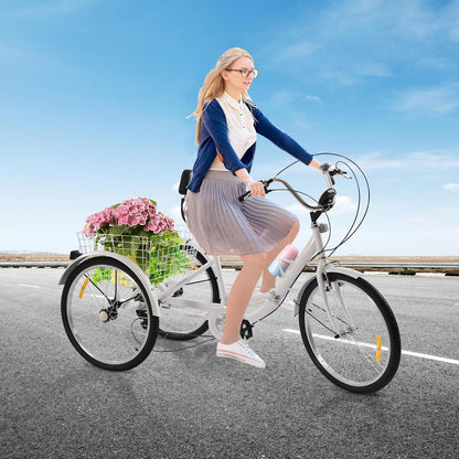 Volwassen Driewieler – 24 Inch | 3 Wielen Fiets met Versnellingen & Grote Mand | Verstelbaar & Comfortabel | Tot 120 kg Draagvermogen