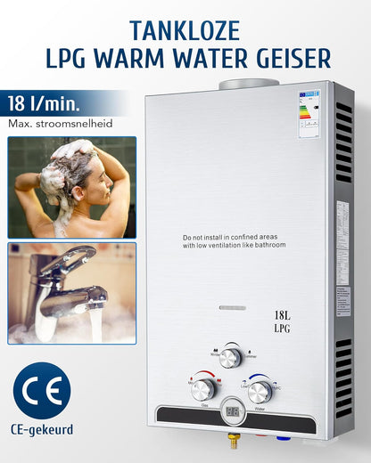 VoordeelPaleis LPG Geiser 8 tot 18L – Tankloze Gasboiler met LED Display | Instant Warm Water | CE-gekeurde Doorstroom Verwarmer voor Propaan & Butaan