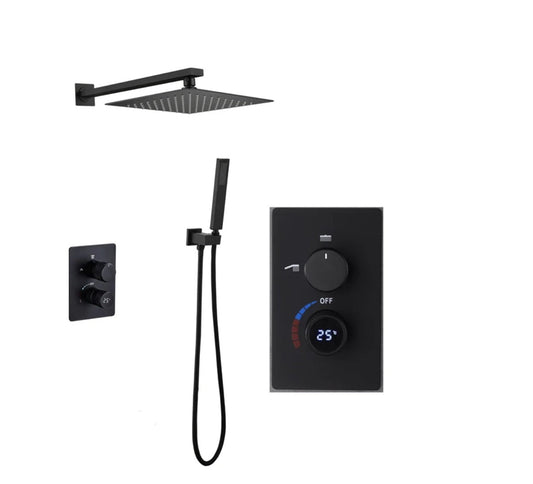 VoordeelPaleis® Aqua-AeroLine Digitale Doucheset Inbouw Douchekraan Bermuda Digitaal LCD Display Mengkraan 12 inch | 30 cm regendouche 2-weg zwart