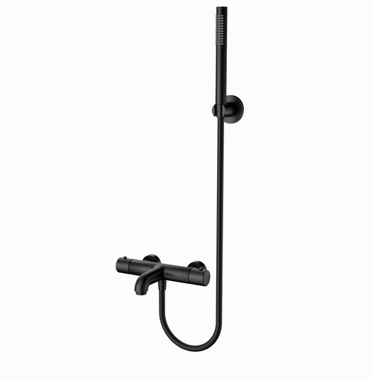 SaniSupreme doucheset badset opbouw thermostatische badmengkraan 2 weg met ronde handdouche en wandbeugel mat zwart