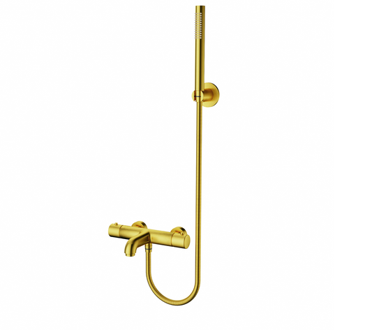 SaniSupreme Aloni doucheset badset opbouw thermostatische badmengkraan 2 weg met ronde handdouche en wandbeugel Geborsteld Goud
