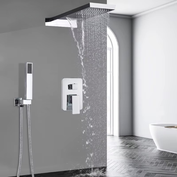 VoordeelPaleis® Wand Thermostatische Doucheset Biarritz 3 weg waterval met regendoucheplateau chroom glans
