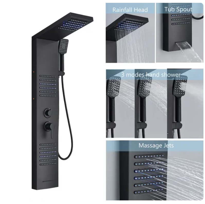 ACTIE Douchepaneel Regendouche VoordeelPaleis® Xena mat zwart met LED verlichting