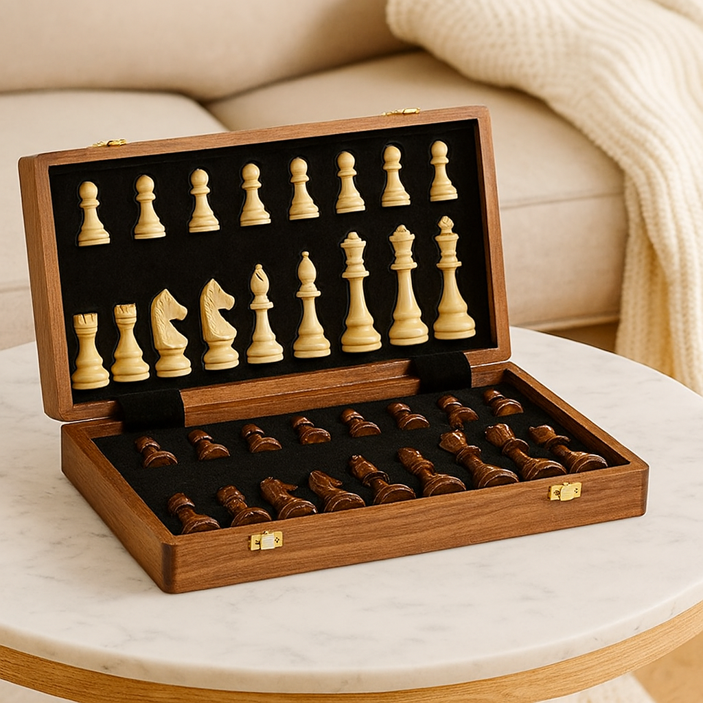 Chesstra houten schaakset – Handgemaakt, opvouwbaar met luxe afwerking
