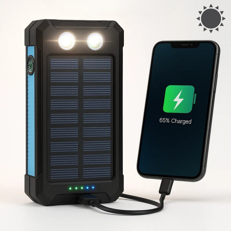 SunVault – Draagbare Zonne-Powerbank 500.000mAh met Zaklamp & Waterdichte Behuizing