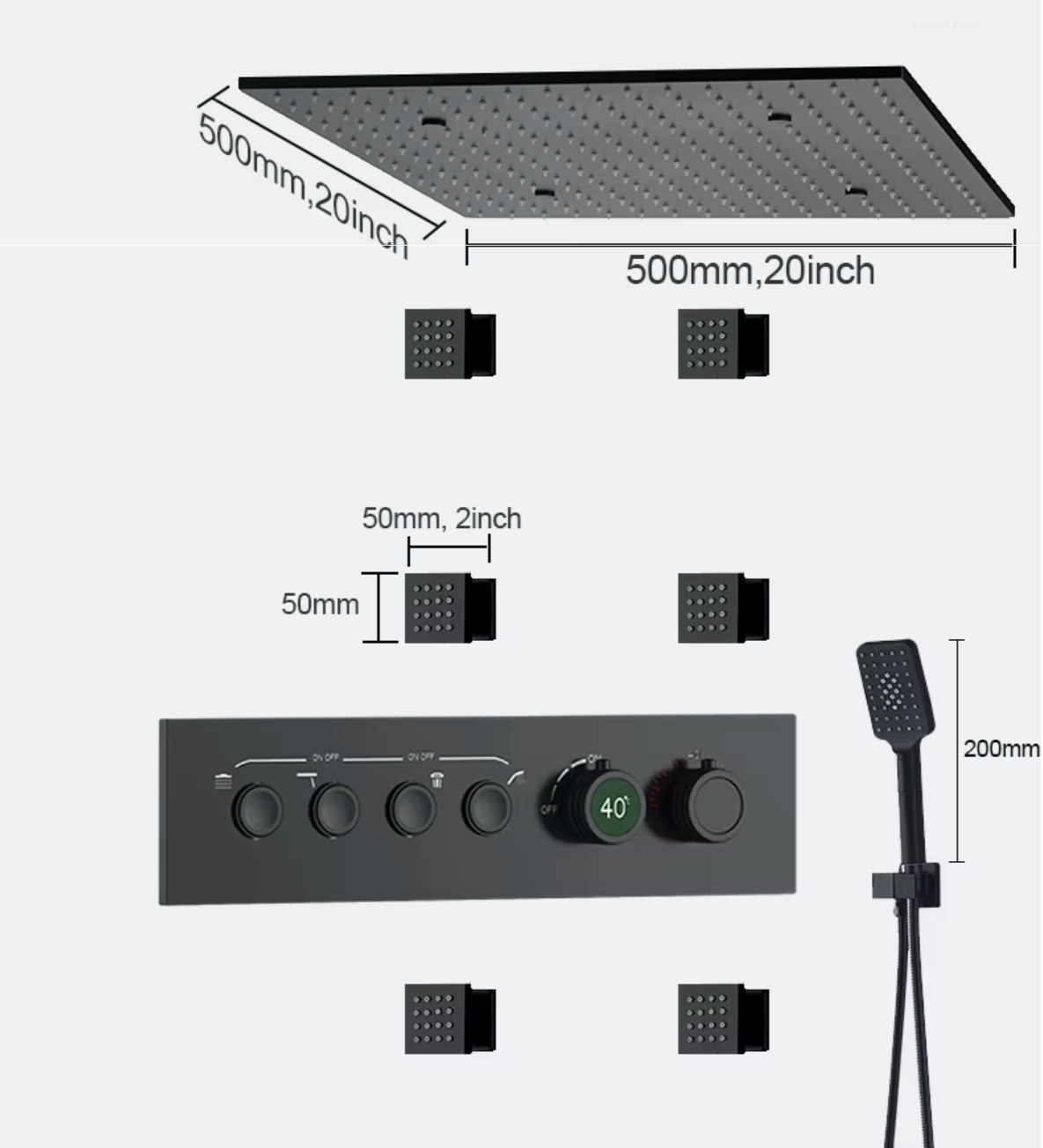 VoordeelPaleis® AquaMax Platinum Wellness Plafond Thermostatische Doucheset 4 weg Inbouw Plafond LED regendouche Mat Zwart