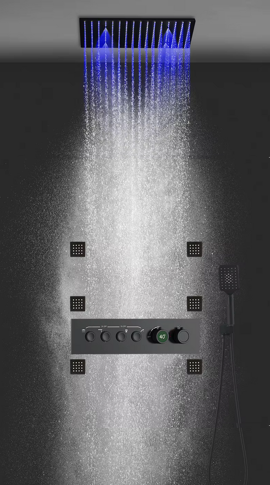 VoordeelPaleis® AquaMax Platinum Wellness Plafond Thermostatische Doucheset 4 weg Inbouw Plafond LED regendouche Mat Zwart