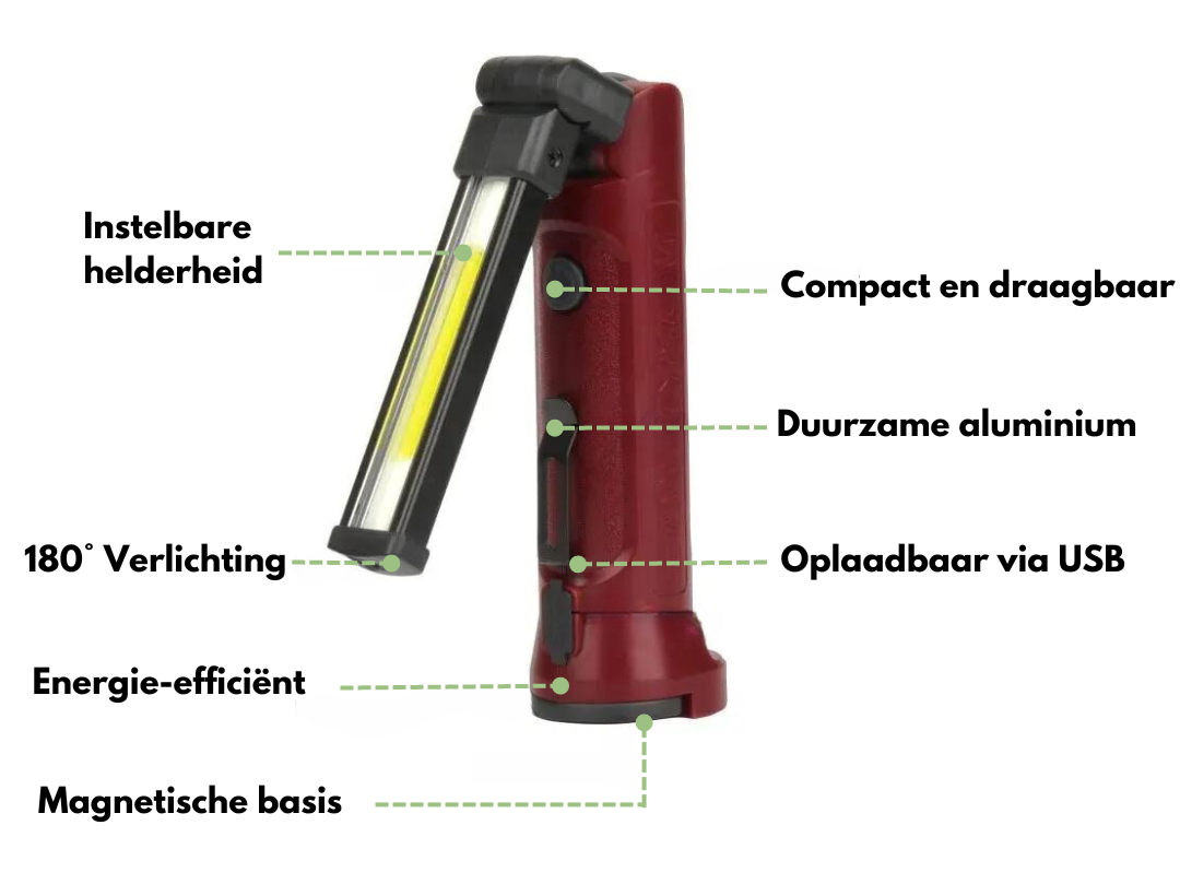 180° COB Werklamp - USB Oplaadbaar - Aluminium & ABS - Krachtig Licht