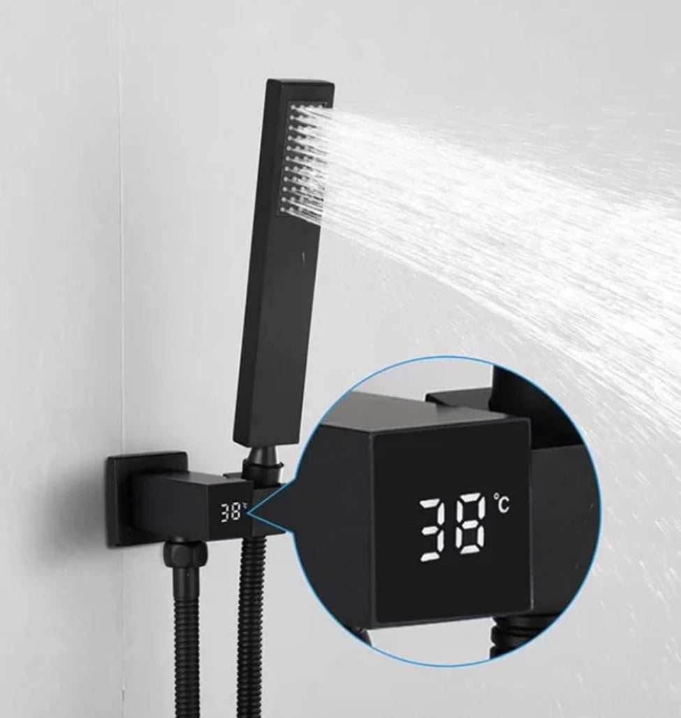 Komplete Handdouche set Messing Ophangbeugel Draaibare Muurkoppeling met LCD temperatuur weergave mat zwart