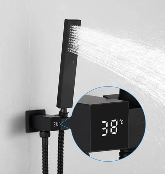 Komplete Handdouche set Messing Ophangbeugel Draaibare Muurkoppeling met LCD temperatuur weergave mat zwart