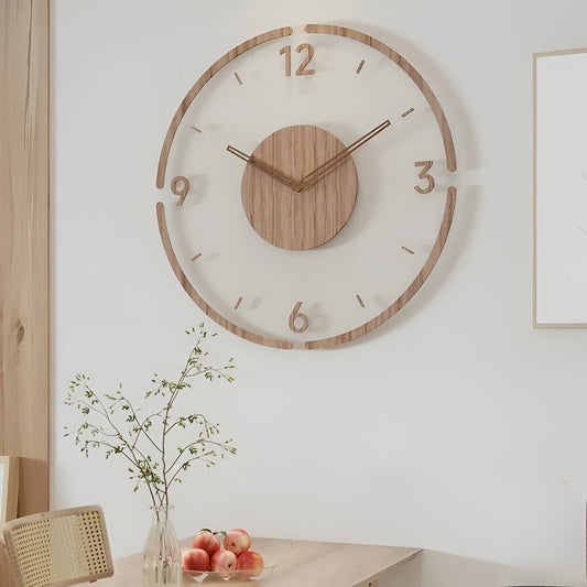 ClearWood Transparante Wandklok – Geruisloos Quartz met Houten Details